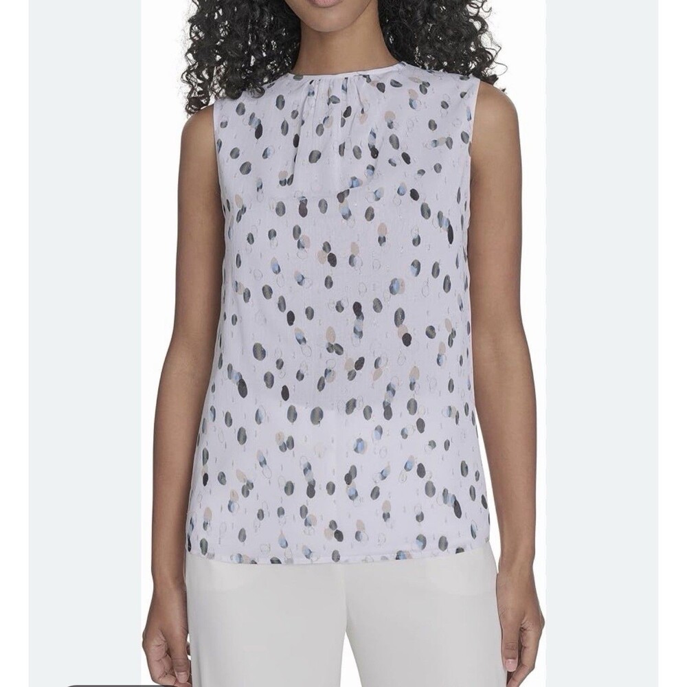 Calvin Klein Women's Sleeveless Pleated Neck  Blouse Top Lightweight White XL
